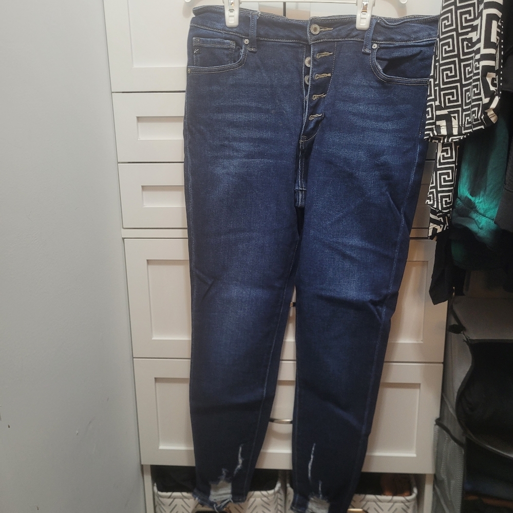 KanCanHigh Rise Dark Destructed Hem Button Fly Skinny Jean
